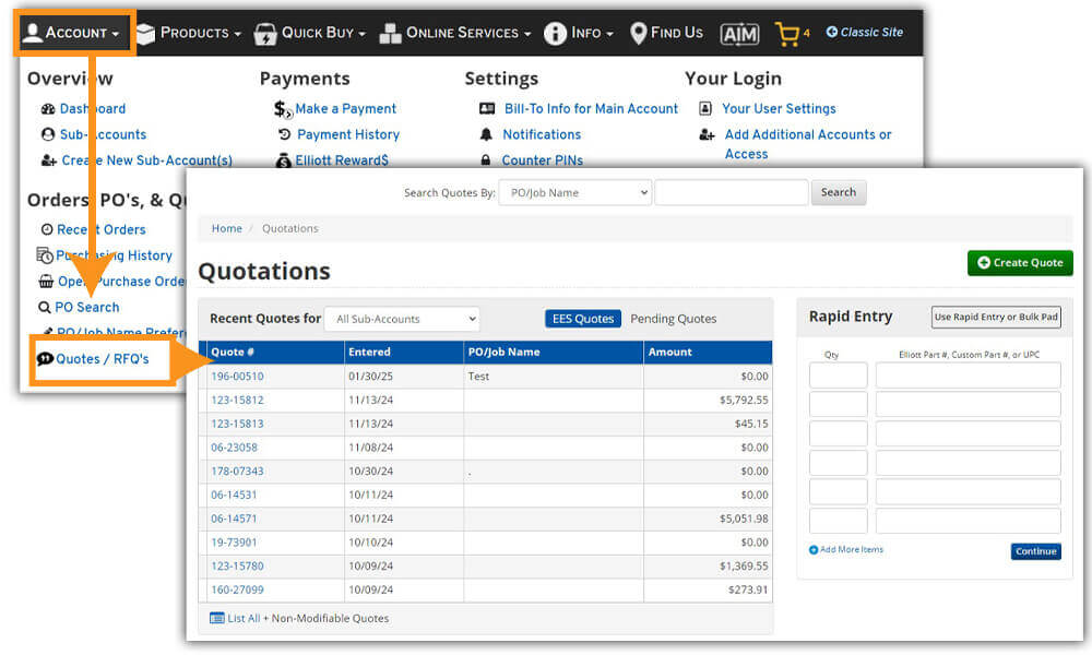 Account Menu: Quotes RFQs