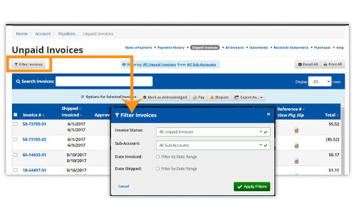 Account Payables: Unpaid Invoices Filter Search