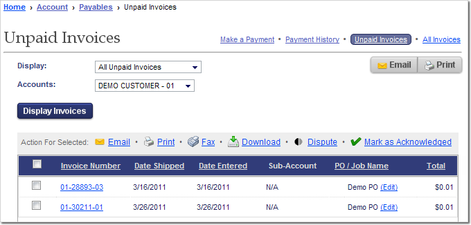 The Unpaid Invoices page