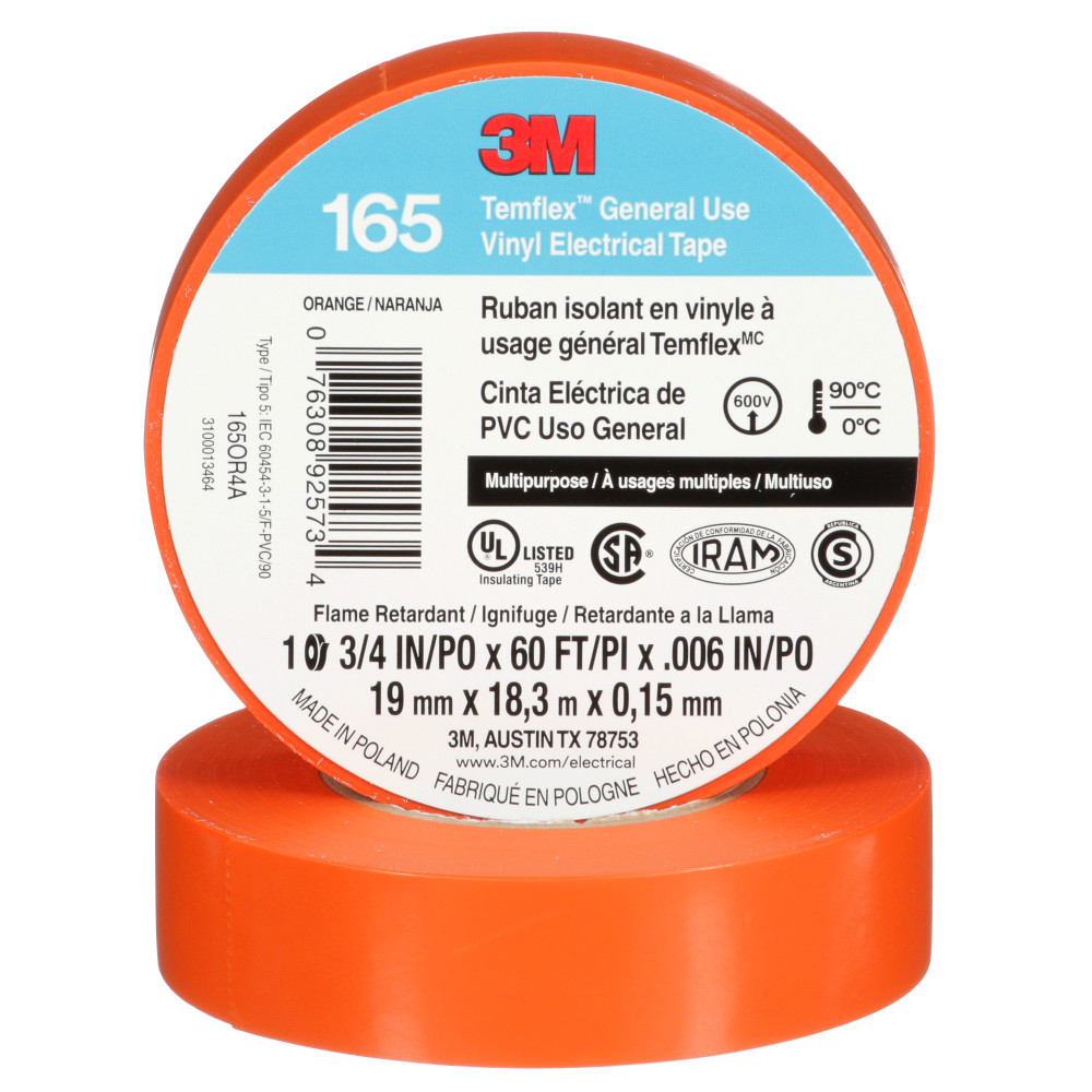 1650R4A - Temvinyl Elec Tape 165, Orange, 3/4" X 60', 100/Case - Temflex